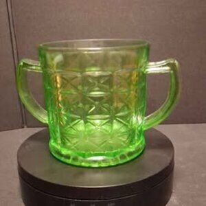 Hazel Atlas Colonial Block Uranium Glass Open Sugar Bowl